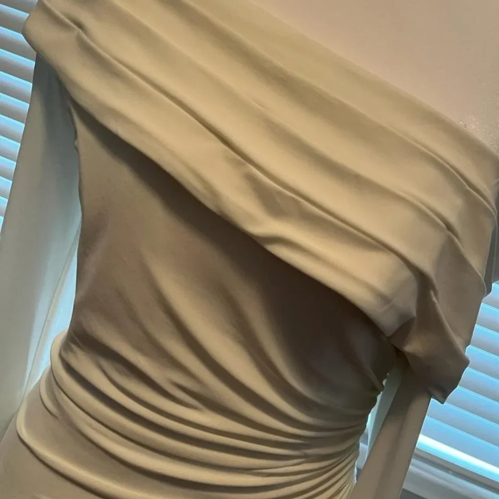 Ieena for Mac Duggal Long Beaded Sleeve Asymmetrical One Shoulder Midi Dress - Picture 5 of 11